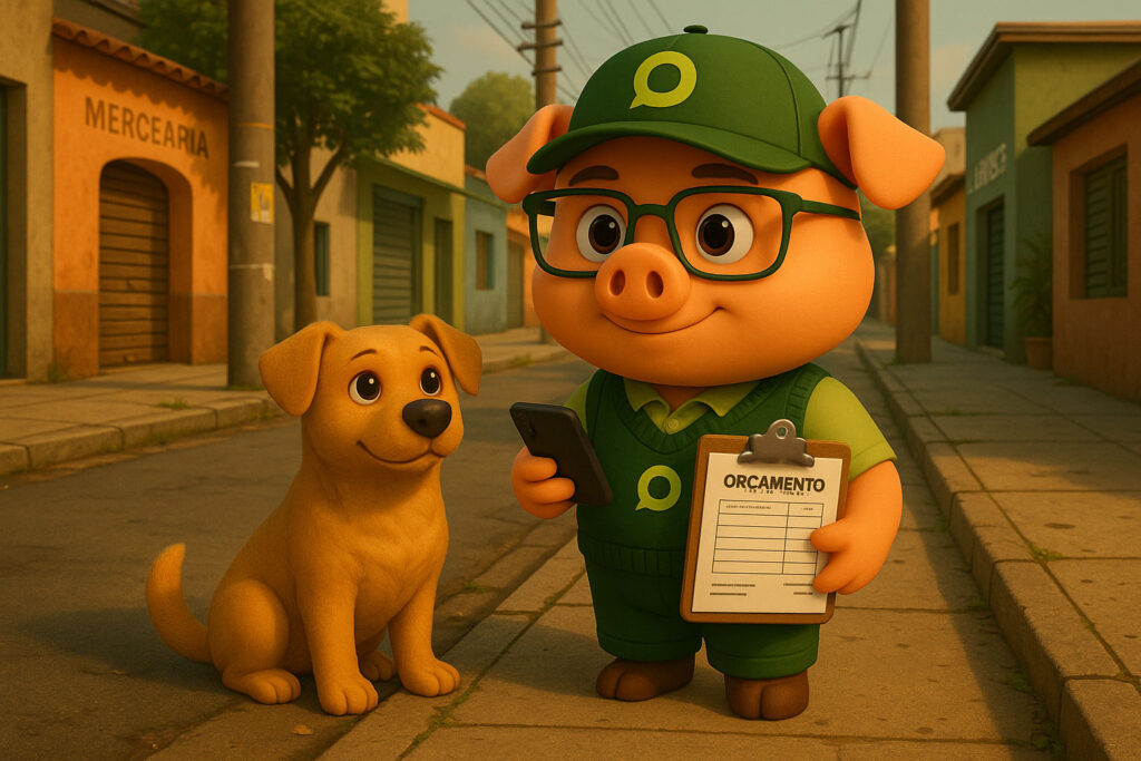 Poupinho com um cachorro caramelo na rua