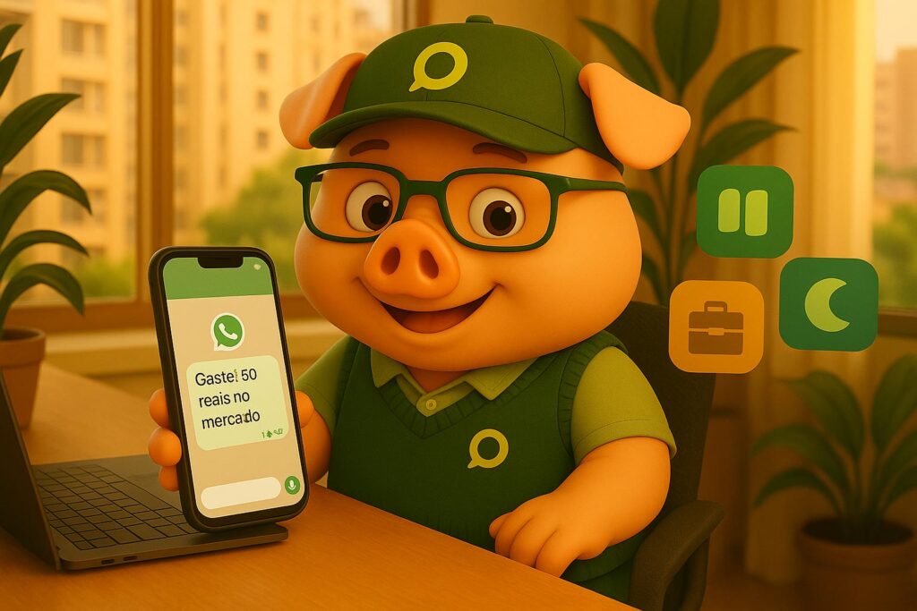 Poupinho testando aplicativos para anotar gastos