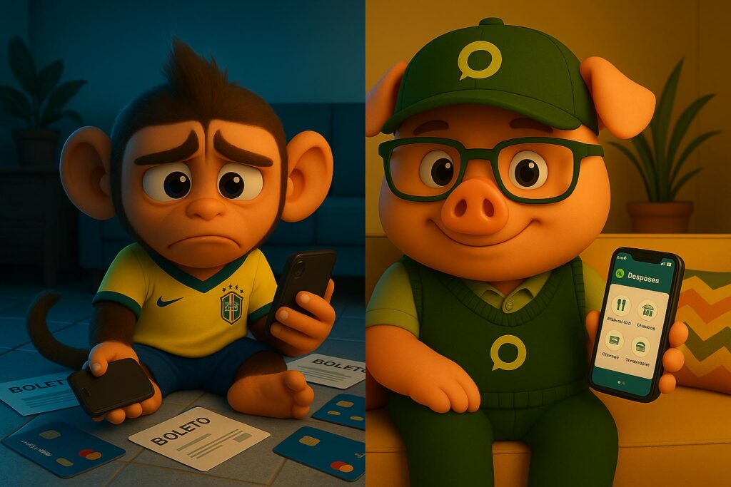 Poupinho usando app financeiro no Whatsapp