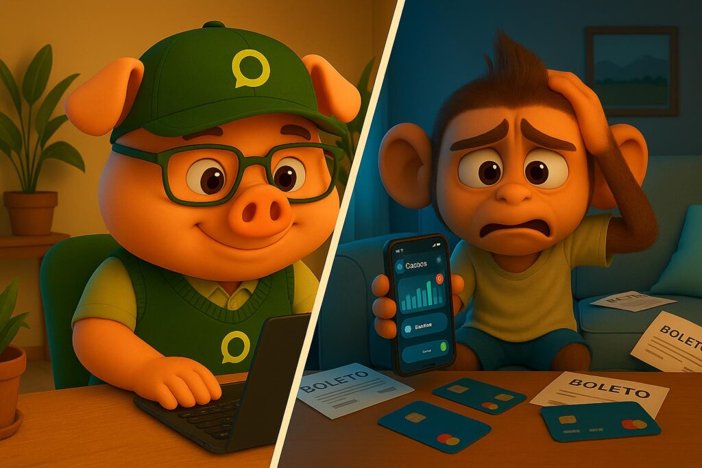 Poupinho e Macaquinho pensando em app financeiros