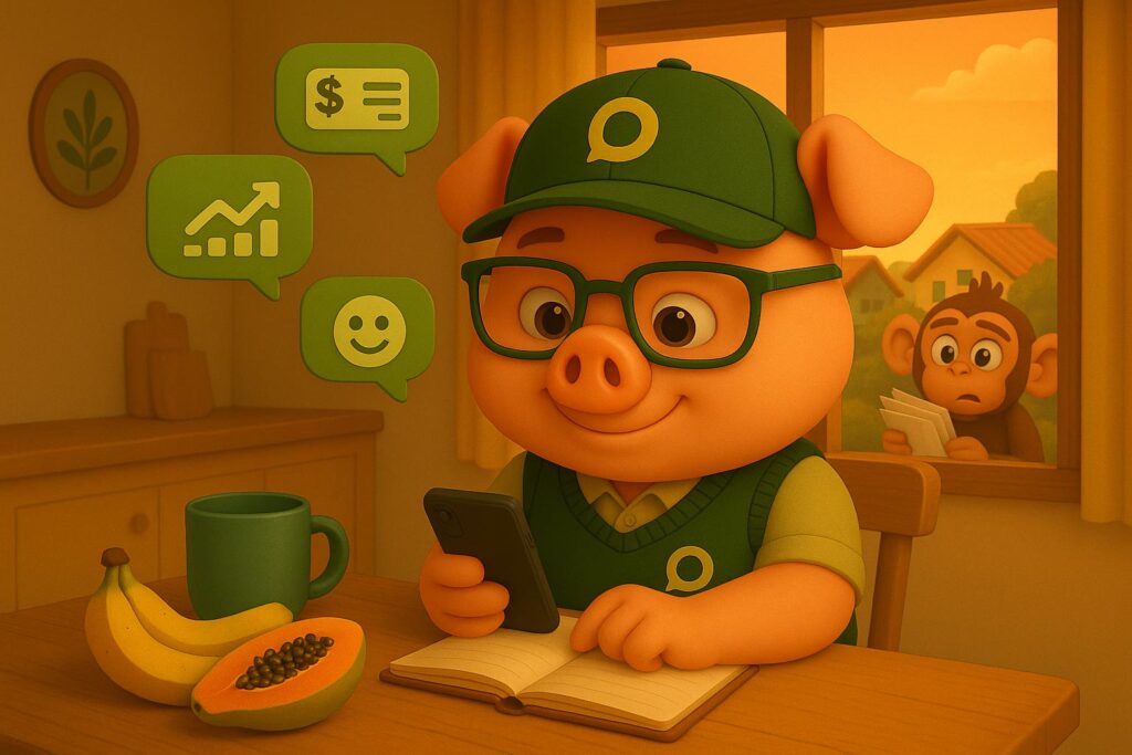 Poupinho usando as alternativas para apps de finanças