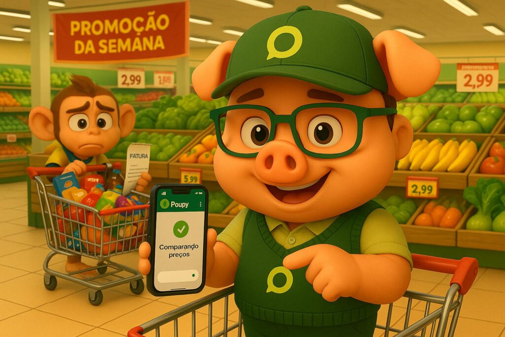 Poupinho melhorando seus habitos financeiros no mercado