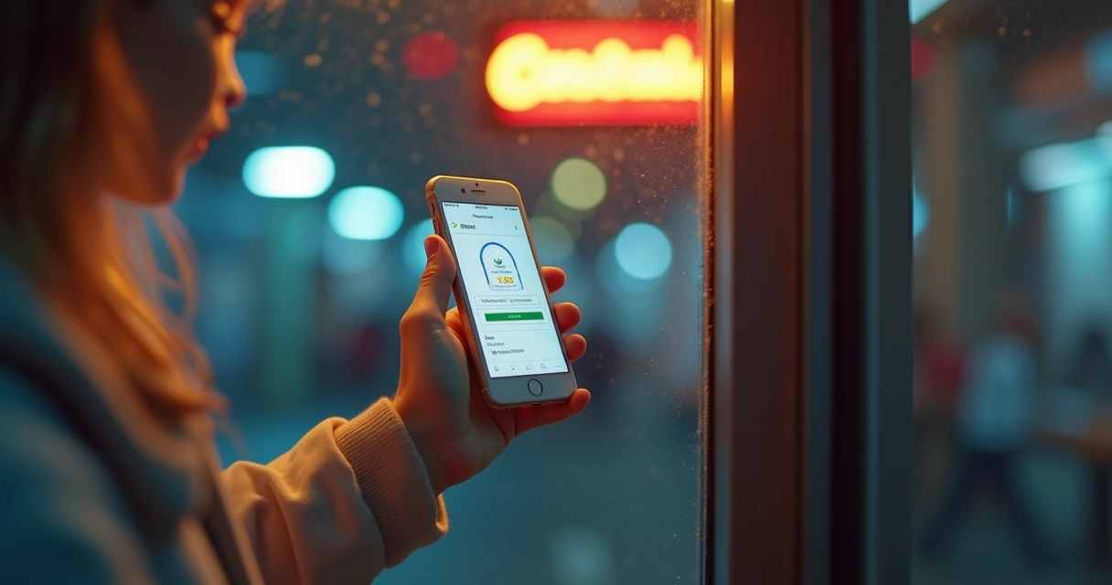 Mão segurando celular mostrando aplicativo de cashback durante compras diárias