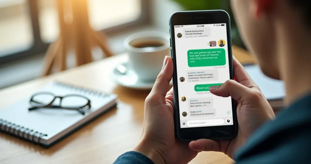 Pessoa usando WhatsApp no celular para anotar despesas financeiras em casa