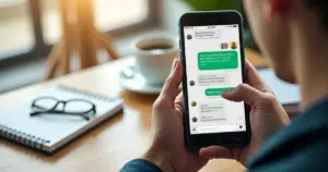 Pessoa usando WhatsApp no celular para anotar despesas financeiras em casa