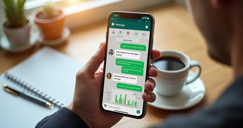 Pessoa usando smartphone para organizar finanças no WhatsApp com gráficos e anotações visíveis