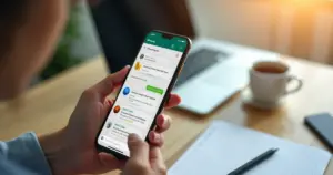 Pessoa usando WhatsApp para organizar gastos financeiros no celular com relatórios visuais na tela