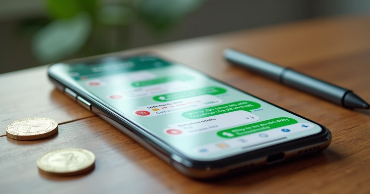 Smartphone exibindo chat do WhatsApp com mensagens de controle financeiro automatizado e gráficos de despesas coloridos