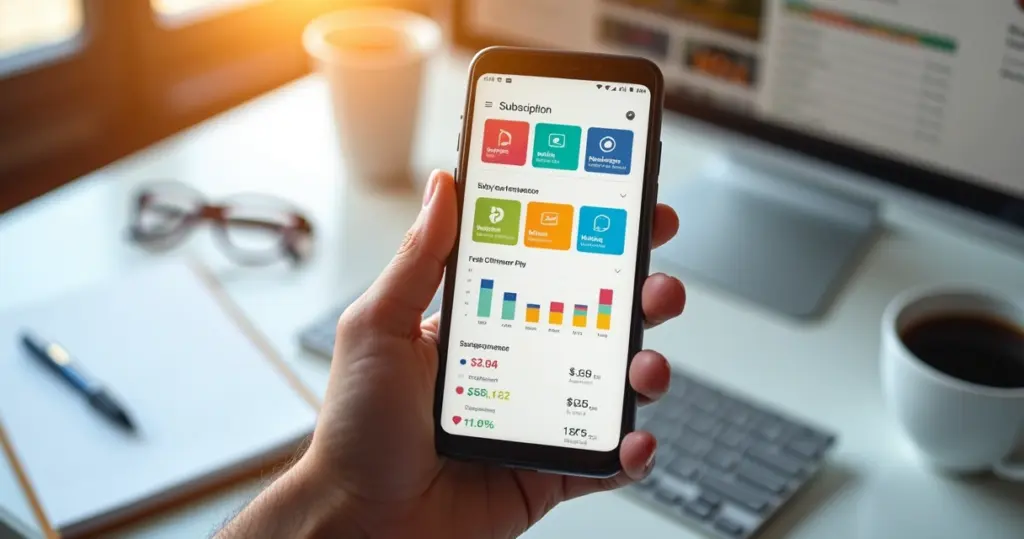 Pessoa usando celular para gerenciar assinaturas digitais com gráficos de controle financeiro na tela