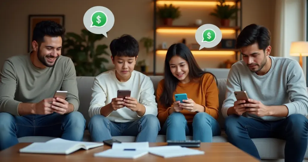 Família reunida em sala moderna utilizando smartphones para controlar gastos em grupo pelo WhatsApp