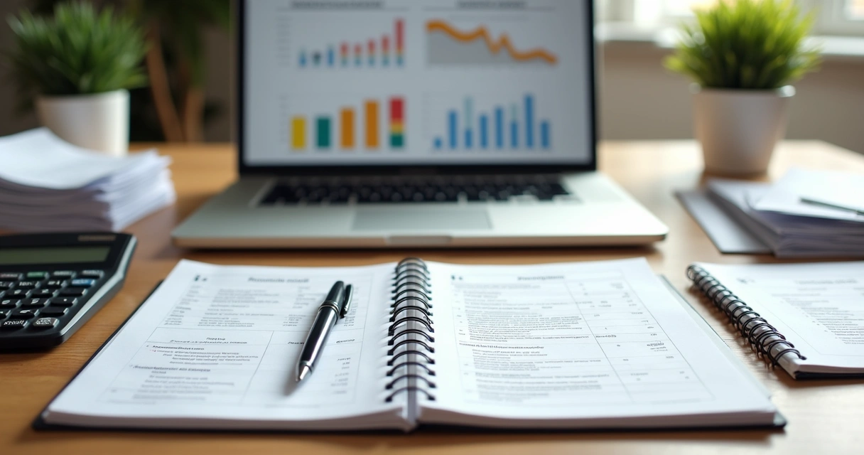 Mesa organizada com documentos financeiros pessoais e profissionais separados à esquerda e direita, calculadora, notebook e caneta