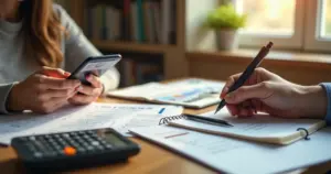 Pessoa negociando dívida do cartão pelo celular em ambiente de escritório com documentos e calculadora na mesa