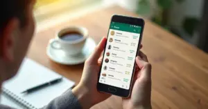 Pessoa usando WhatsApp no celular para registrar e organizar gastos financeiros com gráficos na tela
