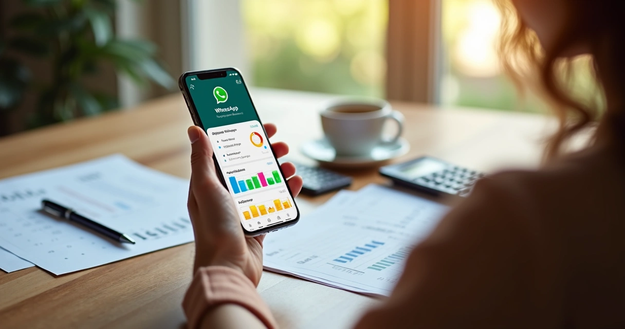 Pessoa usando smartphone com conversa de assistente financeiro no WhatsApp e gráficos financeiros na mesa