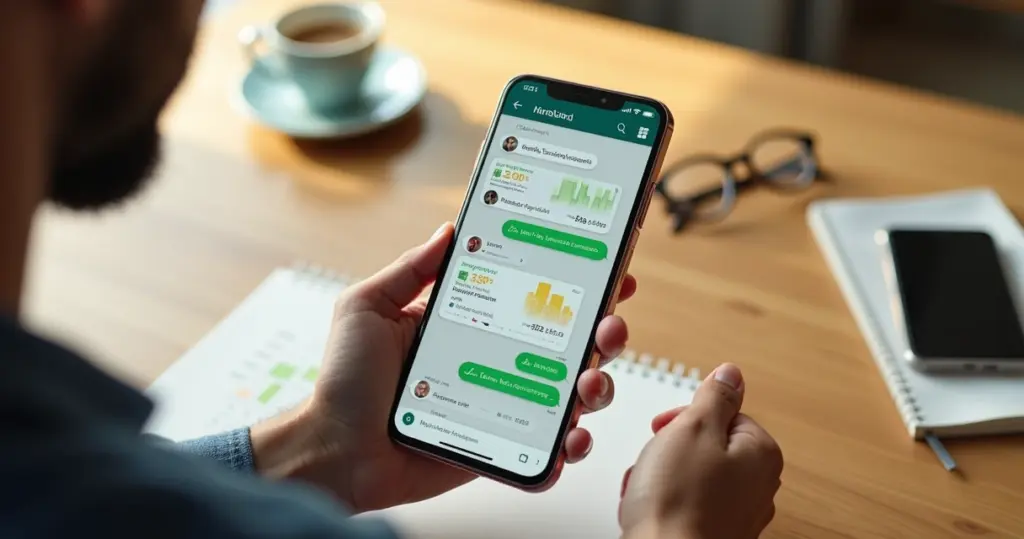 Pessoa usando WhatsApp no celular para registrar gastos financeiros com gráficos e relatórios financeiros ao fundo