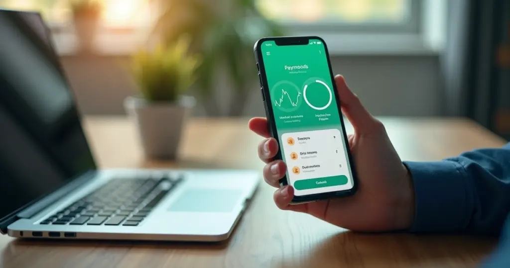 Tela de smartphone exibindo app de pagamento recorrente integrado ao WhatsApp com gráficos de cobrança e ícones de cartão, boleto e débito automático