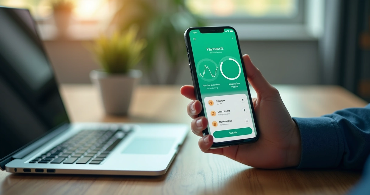 Tela de smartphone exibindo app de pagamento recorrente integrado ao WhatsApp com gráficos de cobrança e ícones de cartão, boleto e débito automático