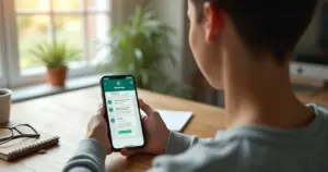 Pessoa usando banco digital no celular com interface do WhatsApp aberta mostrando mensagens financeiras