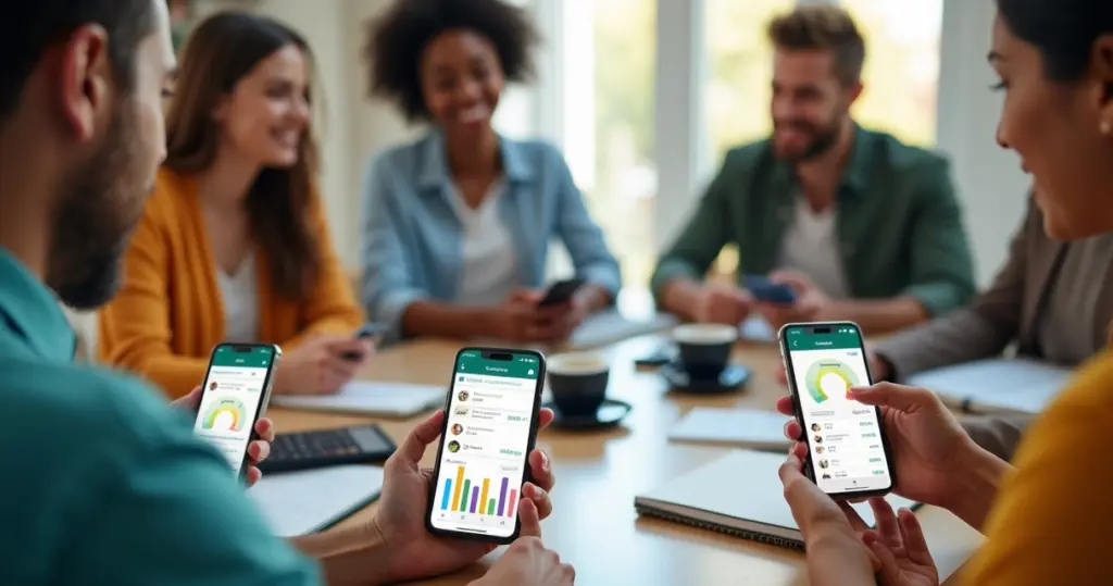 Pessoas conversando e organizando finanças compartilhadas em grupo no WhatsApp, tela do smartphone visível com gráficos de despesas