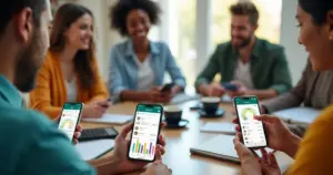 Pessoas conversando e organizando finanças compartilhadas em grupo no WhatsApp, tela do smartphone visível com gráficos de despesas