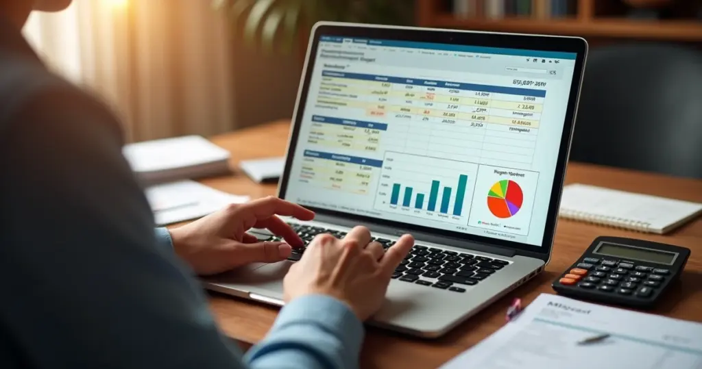 Pessoa revisando planilha de orçamento mensal com anotações e gráficos em laptop e notas espalhadas sobre mesa de madeira