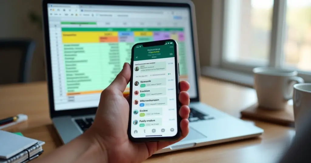 Pessoa usando smartphone para anotar gastos no WhatsApp com planilha financeira visível em tela