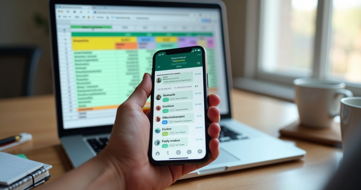 Pessoa usando smartphone para anotar gastos no WhatsApp com planilha financeira visível em tela