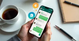Pessoa usando smartphone para organizar finanças pelo WhatsApp com gráficos e ícones de despesas na tela