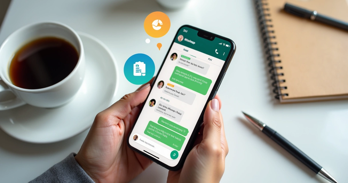 Pessoa usando smartphone para organizar finanças pelo WhatsApp com gráficos e ícones de despesas na tela