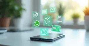 Celular mostrando apps de bancos digitais e ícones de WhatsApp e finanças ao redor