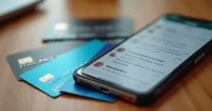 Cartões de crédito variados sobre mesa, com destaque para plástico azul, preto e branco, ao lado de um celular mostrando mensagem financeira no WhatsApp