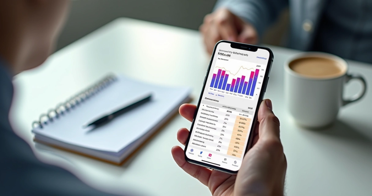 Tela de smartphone mostrando aplicativo de banco digital com gráficos de rendimento financeiro e comparativo de percentuais do CDI