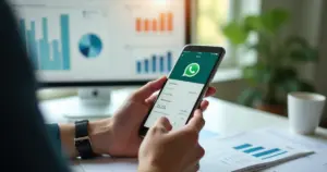 Pessoa utilizando WhatsApp para registrar despesas financeiras no celular, com gráficos de finanças ao fundo