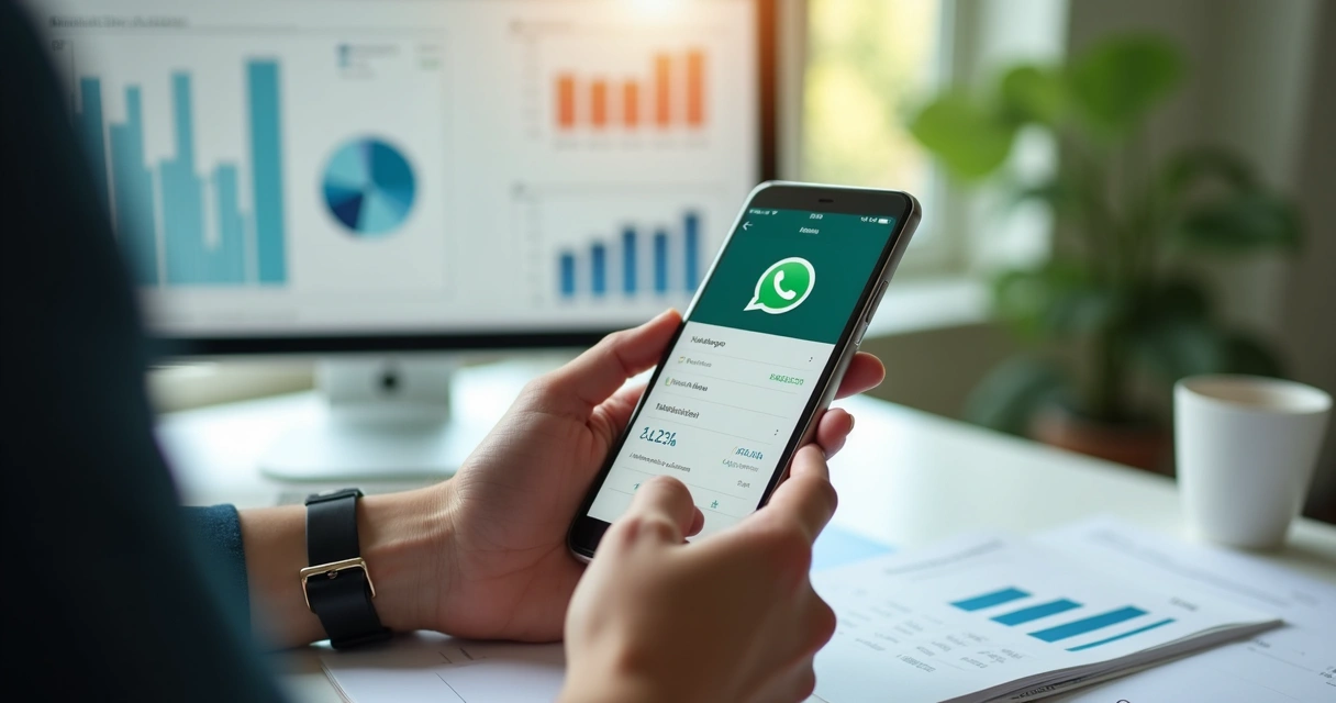 Pessoa utilizando WhatsApp para registrar despesas financeiras no celular, com gráficos de finanças ao fundo