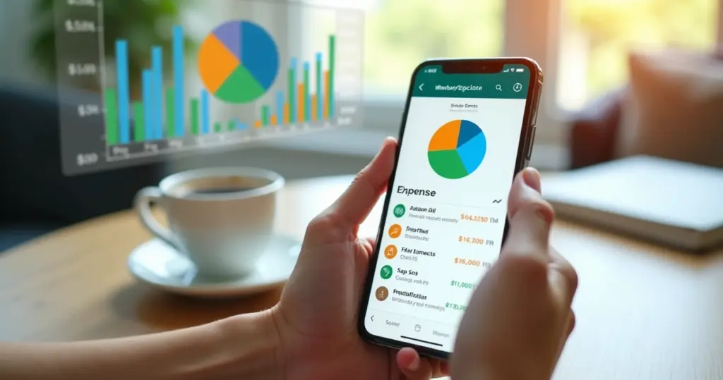 Pessoa usando WhatsApp para registrar gastos financeiros com gráfico de despesas colorido na tela do celular