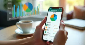 Pessoa usando WhatsApp para registrar gastos financeiros com gráfico de despesas colorido na tela do celular