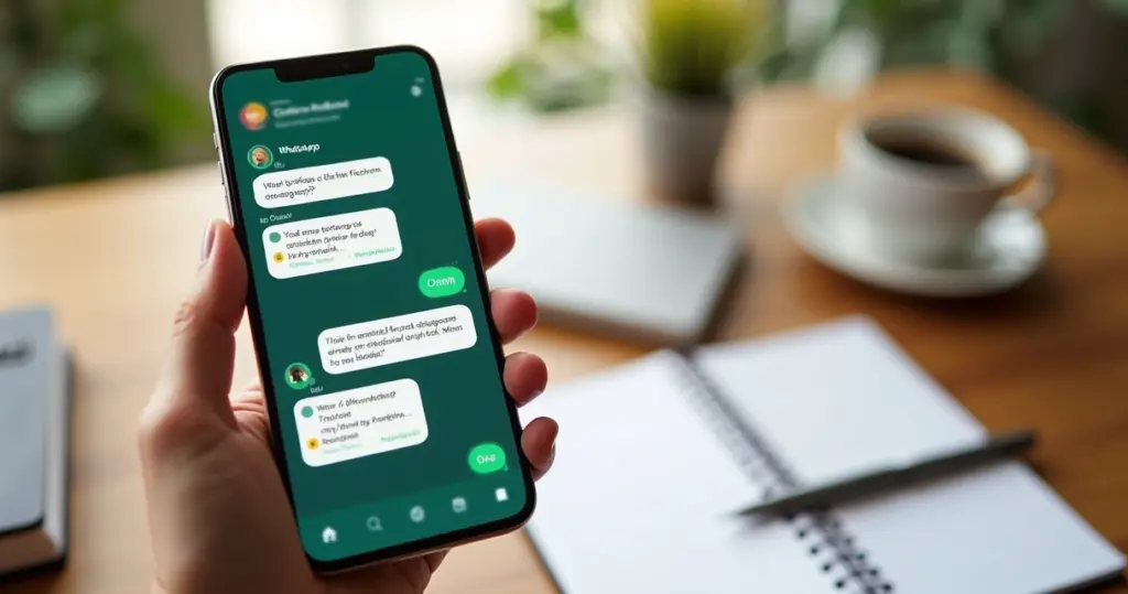 Pessoa usando WhatsApp no smartphone para anotar despesas financeiras na tela do chat