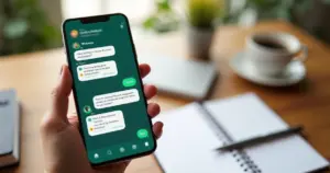 Pessoa usando WhatsApp no smartphone para anotar despesas financeiras na tela do chat