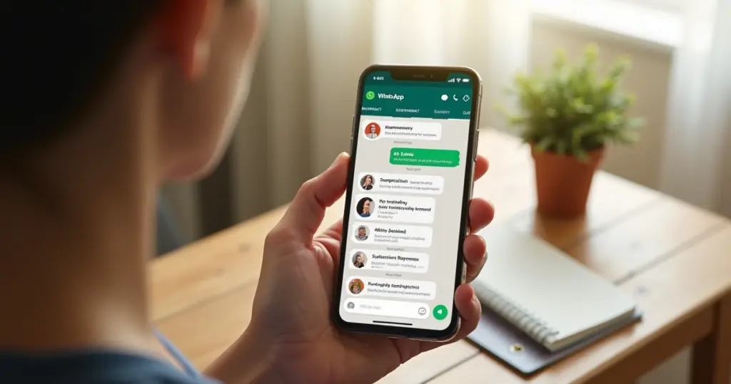 Pessoa segurando smartphone mostrando conversa no WhatsApp com anotações de gastos financeiros
