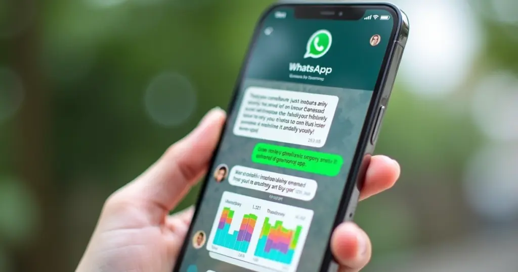Tela de smartphone mostrando conversa no WhatsApp com mensagens sobre controle financeiro e gráficos coloridos