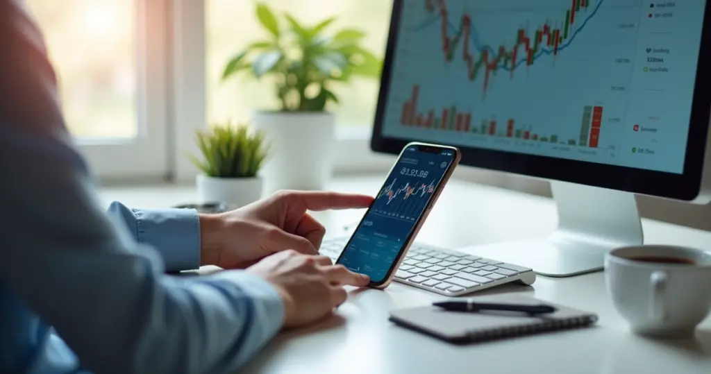 Pessoa consultando investimentos no celular em ambiente moderno e iluminado