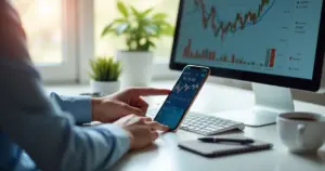 Pessoa consultando investimentos no celular em ambiente moderno e iluminado