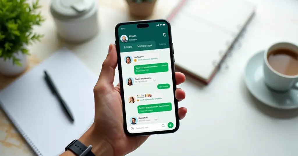 Pessoa organizando faturas e gastos pessoais no WhatsApp em smartphone moderno