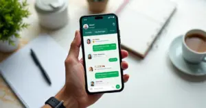 Pessoa organizando faturas e gastos pessoais no WhatsApp em smartphone moderno