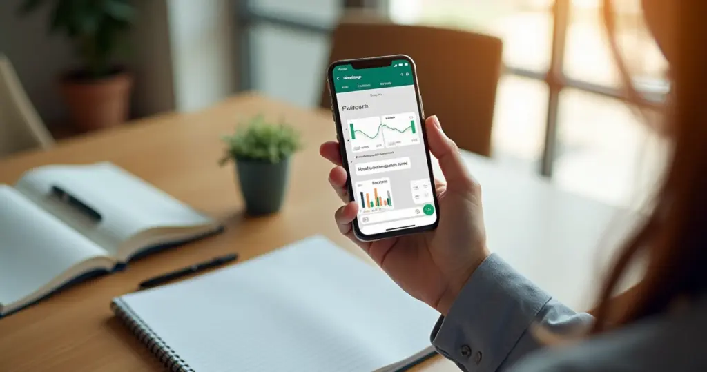 Pessoa organizando finanças pelo WhatsApp em smartphone sobre mesa limpa com cadernos e caneta