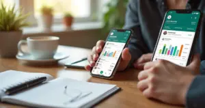 Pessoa usando WhatsApp para organizar finanças com gráficos e categorias automáticas na tela do smartphone
