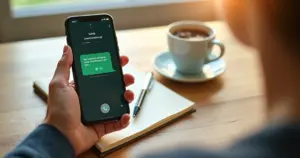 Pessoa enviando mensagem de voz no WhatsApp para registrar gastos financeiros