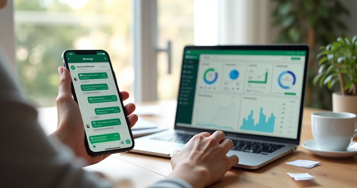 Pessoa usando WhatsApp no celular para acompanhar controle financeiro pessoal na tela do notebook
