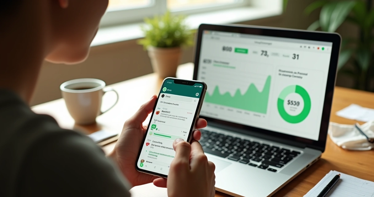 Pessoa usando WhatsApp no celular para organizar gastos com gráficos na tela do notebook ao lado