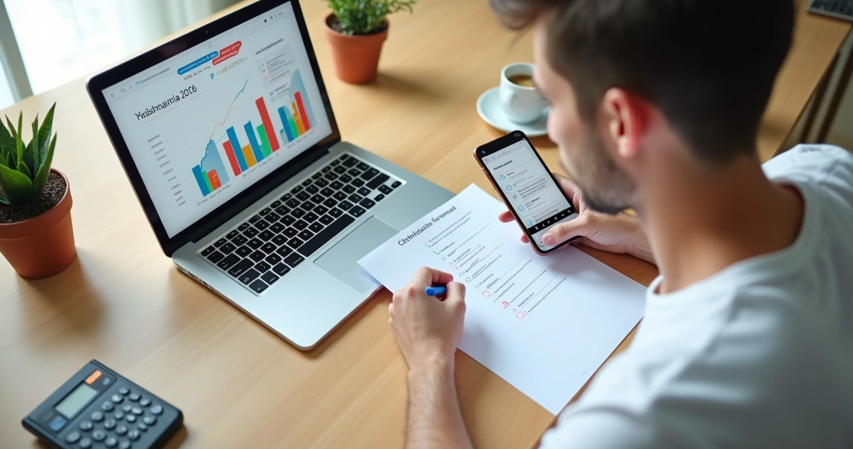 Pessoa usando checklist financeiro anual com gráficos coloridos para organizar 2026